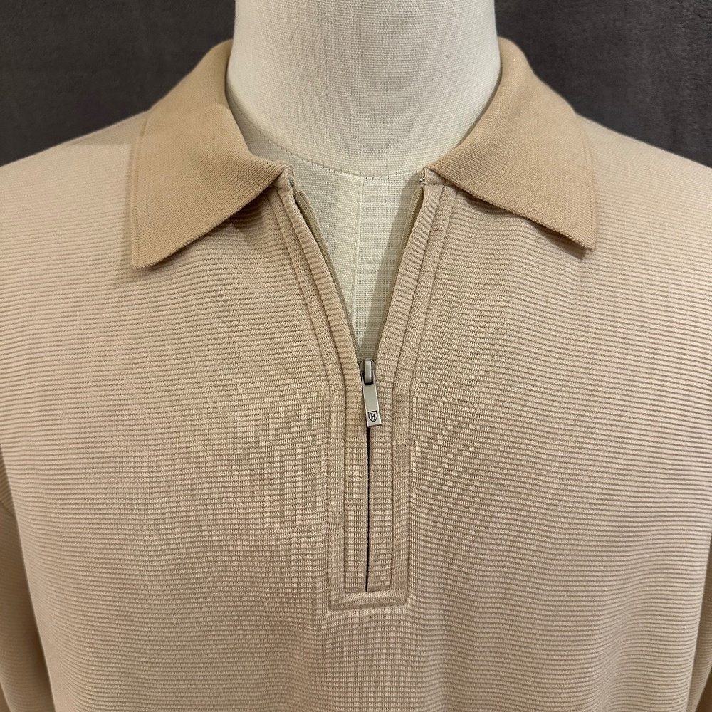 New Henry Jacobson, size Large, ‘sand’ silk/cotton quarter-zip polo